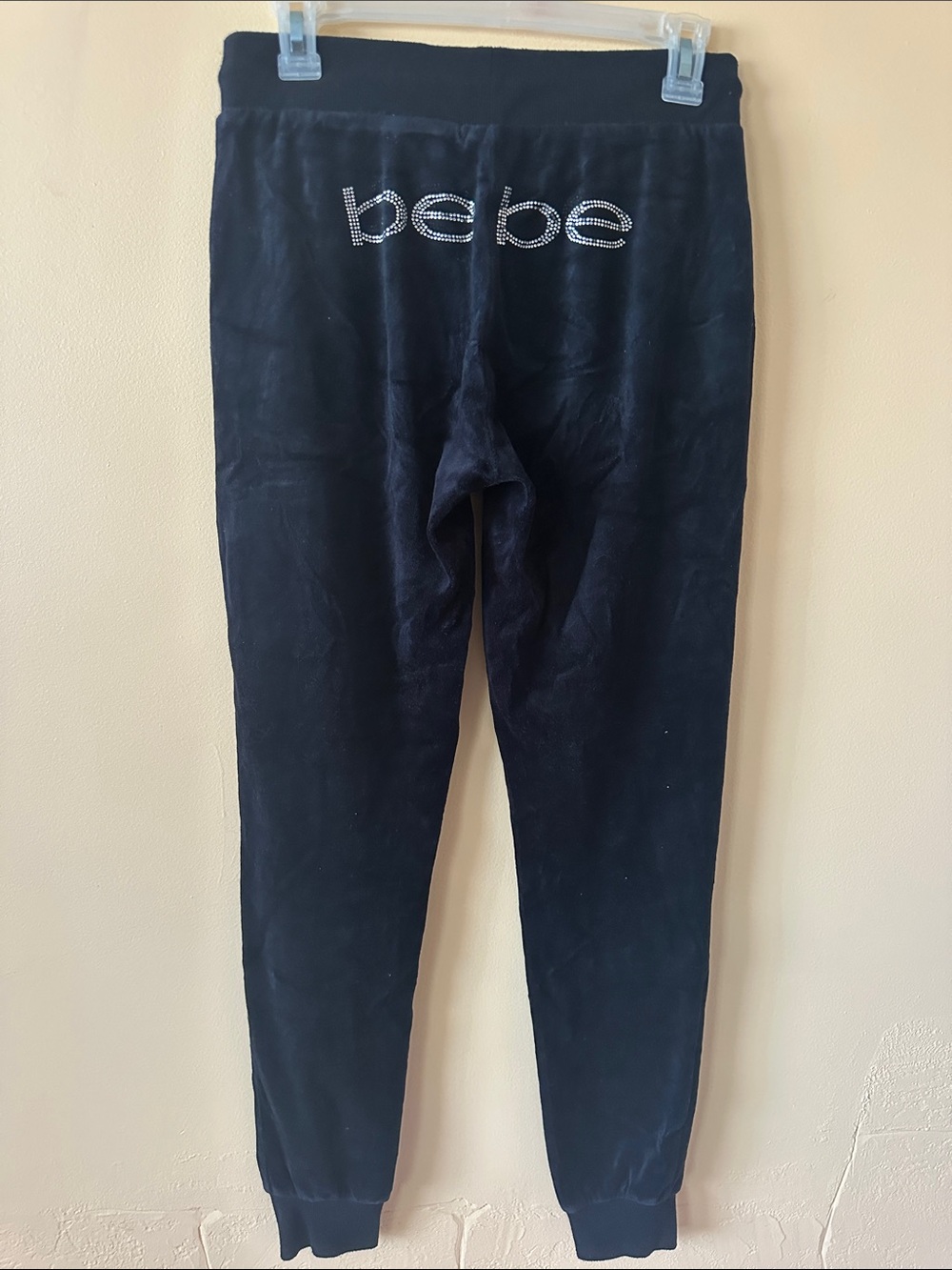 Bebe Black Velour Rhinestone Logo Joggers | Size XS